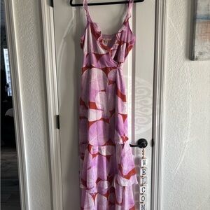 Free People Pink & Red Abstract Tiered Maxi Dress